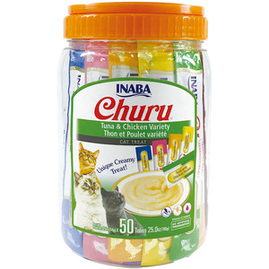 lot 6100 image: INABA Churu Cat Treats  Grain-Free  Lickable  Squeezable Creamy Pur�e Cat TreatTopper with Vitamin E & Taurine 0.5 Ounces Each Tube  50 Tubes  Tuna & Chicken Variety