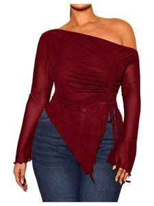 lot 6101 image: RoseSeek Womens Plus Size Sheer Mesh Off Shoulder Tops Long Sleeve Drawstring Asymmetrical Hem Ruched T Shirt Burgundy XX-Large Plus