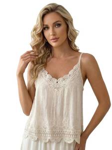 lot 6116 image: winkbay Womens Lace Trim V Neck Camisole Top Summer Embroidered Spaghetti Strap Dressy Casual Tops Apricot Medium