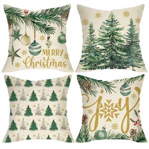 lot 6128 image: Fjfz Merry Christmas Pine Tree Decorative Throw Pillow Covers 18 x 18 Set of 4, Xmas Joy Balls Gold Snowflake Porch Outdoor Home Decor, Winter Holiday Sofa Couch Cushion Case