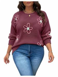 lot 6139 image: RoseSeek Womens Plus Size Long Sleeve Floral Fall Sweater Crewneck Drop Shoulder Knitwear Tops Burgundy XX-Large Plus