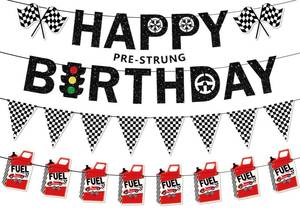lot 6222 image: Ushinemi Pre-Strung Race Car Birthday Party Decorations NO DIY Glitter Happy Birthday Banner, Checkered Flag Fuel Can Banners Cars Themed Party Supplies