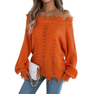 lot 6228 image: Womens Distressed Off-Shoulder Sweater - Lace-Up Cutout Pullover with Long Sleeves, Breathable Loose Fit Knit Top (US, Alpha, Medium, Regular, Regular, Orange) size M