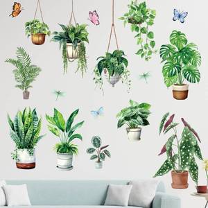 lot 6230 image: Amimagen Hanging Potted Plants Wall Stickers - Tropical Plants Tree Leaves Wall Decals - Bedroom Living Room Kitchen Window Sofa TV Background Home Wall Decor