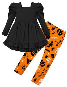 lot 6233 image: Qaoerde Halloween Outfits for Toddler Girls 4t 5t Square Neck Ruffle Hem Long Sleeve Top Print Leggings 2Pcs Kids Clothing Sets Fall Winter Clothes Toddler Girl Halloween Outfit Black Size 4-5Y