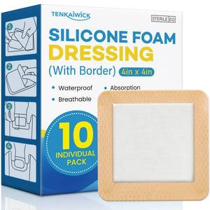 lot 6235 image: 10 Pack Silicone Foam Dressing 4x4 with Adhesive Border, High Absorbency Silicone Bandages, Waterproof Foam Bandages for Wounds Care, Bed Sore, Diabetic Foot Ulcers