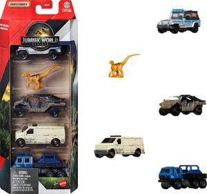 lot 8016 image: Matchbox Jurassic World Toy Cars, Trucks & Dinosaur, 5-Pack with 4 164 Scale Die-Cast Toy Vehicles & 1 Dinosaur from the Franchise (Styles May Vary)