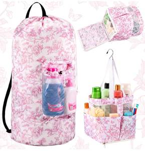 lot 8086 image: 2 Pcs Backpack Laundry Bag and Caddy Portable Set 13 x 29 Inch Dorm Room Laundry Backpack Shower Caddy Basket Hooks for College Dorm Room Travel Laundromat Apartment(Chinoiserie Style,Pink)