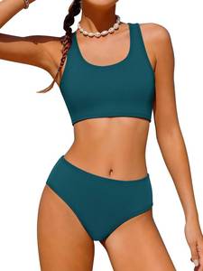 lot 8087 image: URMAGIC Girls Two Piece Swimsuits Ribbed Bikini Sets Swimming Bathing Suit Beach Sport Athletic Teen Girls Swimwear Dark Green 11-12y