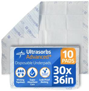 lot 9350 image: Medline Ultrasorbs Advanced Premium Underpads with Polymer for Superior Leak Protection, 300 lb Weight Capacity, 30x36 Inches, 10 Count