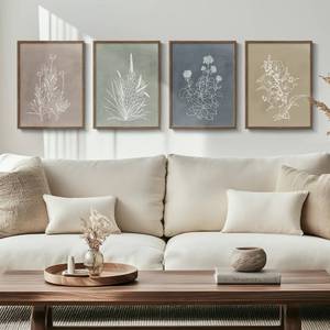 lot 9358 image: Framed Boho Botanical Wall Art for Living Room, 4 Piece Rustic Floral Canvas Painting Prints, Vintage Minimalist Neutral Flower Artwork for Modern Farmhouse Bedroom Dining Room Office Wall Decor