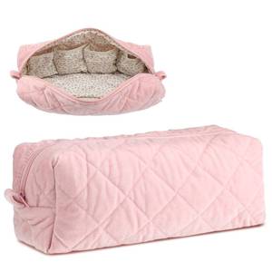 lot 10031 image: Hushee Pink Makeup Bag Velvet Quilted Floral Cosmetic Pouch Wedding Birthday Gift for Women Cute Travel Zipper Toiletry Pouch Preppy Hair Tools Travel Organizer Purse Clutch, 13.4 x 5.2 x 5.2