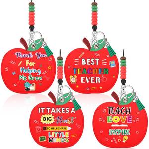 lot 10036 image: Geyoga 4 Pcs Teacher Lanyard with ID Holder Bulk Back to School Gifts Retractable ID Badge Holder with Wood Bead Decor for Office First Day of School Year Teacher Gifts(Apple)