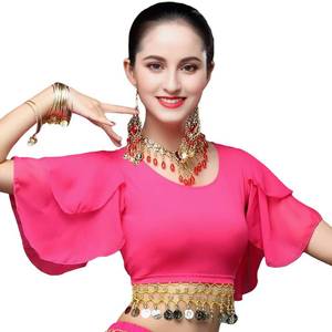 lot 10038 image: Baisdan Belly Dance Crop Tops, Short Sleeve Dance Shirt with Coins for Girls & Skinny Women, Festival Custume, Rose Red