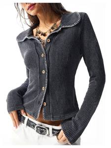lot 10059 image: RoseSeek Womens Button Down Ribbed Knit Tops Collared Fitted T Shirts Crop Tops Black Small