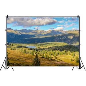 lot 10063 image: Laeacco 8x6.5ft Mountain Landscape Backdrop Lake Trees Blue Sky White Cloud Nature Scenery Photography Background Outdoor Realistic Photographic Shoot Background Wedding Photo Portraits Studio Props