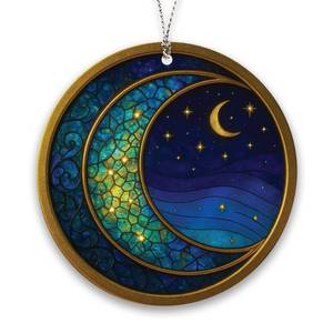 lot 10098 image: Crescent Moon and Stars Ornament �� Night Sky Window Decor �� Celestial Suncatcher  Starry Night Card �� Christmas Suncatcher Effect Stained Glass Window �� Car Hanging 3 pack