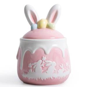 lot 11262 image: WK WENKRYGDN Bunny Cookie Jar, Easter Candy Jar with Lid, Embossment Bunny Decorative Ceramic Storage Container Jar, Pink and White Easter Bunny Decorations for Home Kitchen Indoor Best Easter Gift