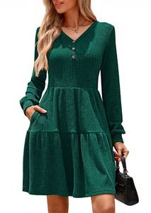 lot 12271 image: Kate Kasin Womens Long Sleeve Sweater Dresses 2025, Ribbed Knit Buttons V Neck Dress, Modest A Line Swing Autumn Dress with Pockets XL Dark Green