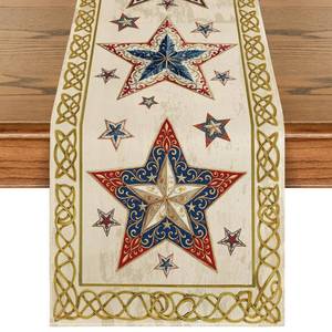 lot 12295 image: Artoid Mode Beige Stars Golden Border 210 GSM 4th of July Table Runner, Memorial Day Kitchen Dining Table Decoration for Home Party Decor 13x72 Inch