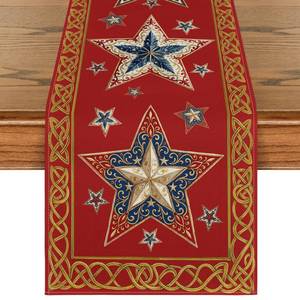 lot 12303 image: Artoid Mode Red Stars Golden Border 210 GSM 4th of July Table Runner, Memorial Day Kitchen Dining Table Decoration for Home Party Decor 13x72 Inch
