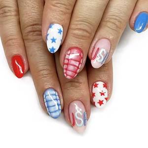 lot 12309 image: Independence Day Press On Nails Medium Square Fake Nails Press Ons 4th of July Glitter False Nails With Star Designs Acrylic Red Blue Glue On Nails Full Cover Stick On Nails For Women