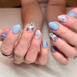 lot 12341 image: Spring Press on False Nails Polka Dot Fake Nails Blue Short Oval Glue on Nails with Blueberry Checkered Bow Designs Glossy Press ons Stick on Nail for Women Manicure 24Pcs