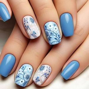 lot 12346 image: 24 Pcs Flower Press on Nails Short Square Shaped Fake Nails with Blue White Floral Design Spring False Nails Glossy Acrylic Nails Blue Full Cover Stick on Nails for Women Nails Manicure Decoration