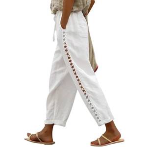 lot 12359 image: Puimentiua Womens White Linen Capri Pants with Drawstring Petite Summer Beachwear Lightweight Elastic Waist Pants, L