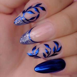 lot 12362 image: MERVF Press on Nails Medium Almond, Royal Blue Glitter French Tip Fake Nails Leaf Glue ons Ombre Design Acrylic Nail Glossy 24pcs