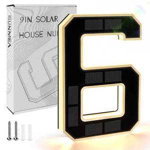 lot 14452 image: ISUNMEA 9 Inch Solar Lighted House Numbers for Outside, Light Up Waterproof LED Address Numbers Signs for Houses, Large Personalized Illuminated Exterior Modern House Numbers Light (6-Black, 9IN)