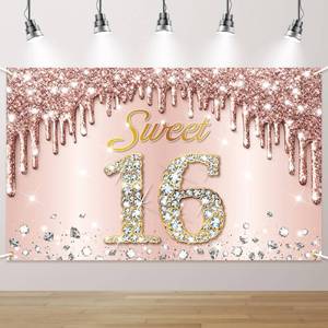 lot 14459 image: FeteFix, Rose Gold Sweet 16 Banner - 72x44 Inch  Sweet 16 Backdrop for 16th Birthday Decorations for Girls, sweet 16 decorations