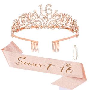 lot 14465 image: Semato Sweet 16 Party Decorations Set - 16th Birthday Crown and Sash Glitter Kit for Girls Party Supplies and Favors