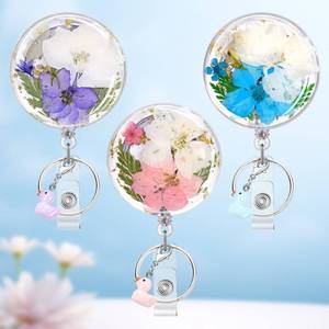 lot 18035 image: Plifal 3 Pack Dried Flower Badge Reel Retractable - Cute Pink Purple Blue Flower Retractable ID Name Card Badge Reel Alligator Clip, Nurse Nursing Office Medical Worker Student Accessories Gifts