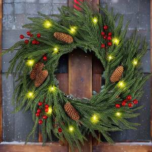 lot 19220 image: Yunlly 20 Inch Christmas Wreaths for Front Door with Light Xmas Pine Wreath with Pine Cones Berries Artificial Green Garland for Home Indoor Outdoor Wall Window Porch Xmas Decoration