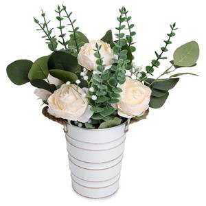 lot 19227 image: DIYDOFUN Artificial Flowers in Pot - 10 Inches Pre-Made Large Faux Silk Rose Floral Greenery Table Centerpieces with Rustic Tall Metal Vase for Farmhouse Home Decoration - Champagne