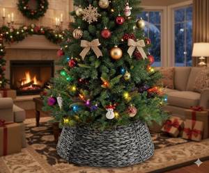 lot 19238 image: Simple Deluxe 24in Christmas Tree Collar, Christmas Tree Skirt for 9-12ft Trees, xms Woven Hyacinth Rattan Tree Stand Base Cover for HomeOfficeCommercial D�cor, Black