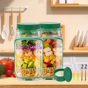 lot 19260 image: TOIPINIO Side-Opening Mason Salad Jar, Portable 1000ml Salad Container with Leakproof Dressing Cup, Includes Spoon and Cleaning Brush, Perfect for Meal Prep, Gym, Office, Picnic and Travel(2 Pac)