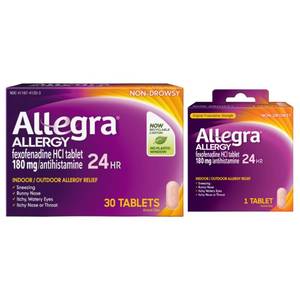 lot 20059 image: Allegra Adult 24-Hour Allergy Relief Tablets, Non-Drowsy Indoor and Outdoor Allergy Medicine, 180 mg Fexofenadine HCI Antihistamine Pill, 30 Count Plus 1 Count Travel Pack