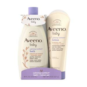 lot 20061 image: Aveeno Baby Calming Comfort Bath  Body Lotion Set, Nighttime Baby Wash & Baby Lotion with Oat Extract, Soothing Lavender & Vanilla Scent, Gently Cleanses & Helps Calm Baby Before Bedtime, 2 Items