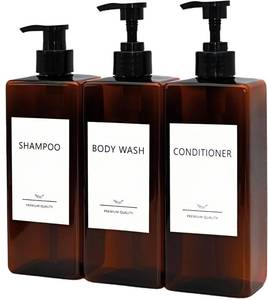 lot 20070 image: Shampoo and Conditioner Dispenser Set, 3Pack Refillable Shampoo and Conditioner Bottles with Labels, 500ml Soap Dispenser 16.9oz Shower Dispenser Square Pump Bottle for Bathroom and Kitchen - Amber