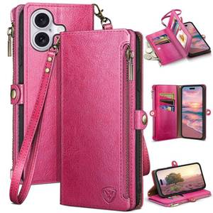 lot 20435 image: XcaseBar Compatible with iPhone 16 Plus 6.7 Wallet case with Zipper Credit Card Holder��RFID Blocking��,Flip Folio Book PU Leather Phone case Shockproof Cover Women Men for Apple 16 Plus case Rose Red