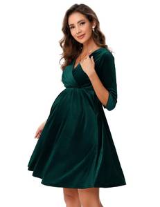 lot 20449 image: FUNJULY Maternity Dress Womens Velvet Retro V-Neck A-Line Sexy Photoshoot Dress Holiday Dress Evening Dress Wedding Guest Dark Green M