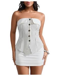 lot 20450 image: MakeMeChic Womens Tube Tops Strapless Sleeveless Striped Button Down Business Casual Outfits White X-Small