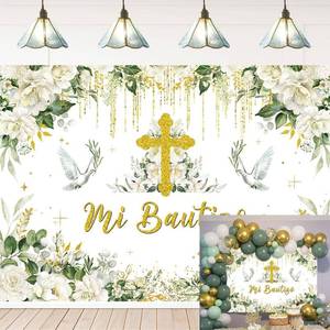 lot 20478 image: Mi Bautizo Backdrop Baptism Party Photography Background Green Eucalyptus Flowers Pigeon First Holy Communion Banner Christening Party Decorations Newborn Baby Shower Party Photo Booth Prop (8X6FT)