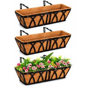 lot 1763 image: LCHUANG Deck Railing Planter Window Box - 3 Pack 24 Inch Deck Balcony Rail Planter with Coconut Coir Liner, Fence Metal Hanging Flower Planter Basket Deck Railing Planter Boxes for Outdoor Lawn