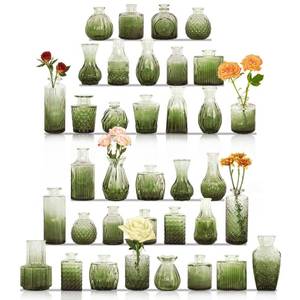 lot 1770 image: 36Pcs Bud Vases Set Small Vintage Glass Bottles Bud Vases in Bulk Multiple Shape Cute Glass Vases for Rustic Wedding Centerpieces Table Decorations and Home Decor(Green)