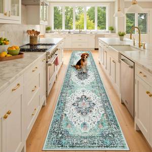 lot 1782 image: RELEANY Area Rugs Runner 2x10 Washable Non-Slip, Floral Vintage Distress Medallion Carpet for Kitchen Hallway Bedroom Beside Laundry Room Bathroom, Green Navy Blue White Red Teal