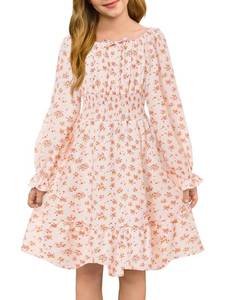 lot 2008 image: Haloumoning Girls Fall Long Sleeve Floral Dresses Kids Square Neck Smocked Holiday Party Dress 5-14 Years Pink