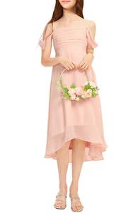 lot 2009 image: Imily Bela Girls Cold Shoulder Junior Bridesmaid Dresses Asymmetrical Chiffon Wedding Party Gown Dress Pink 140